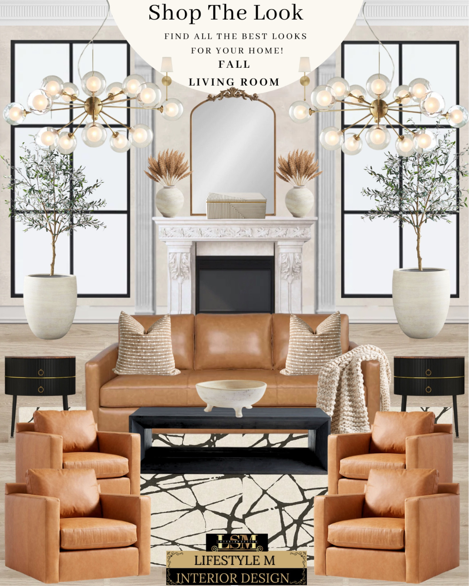 Transitional Modern Living Room. Brown and cozy fall living room idea. Brown leather sofa, brown leather accent chair, white black stripped rug, black round end table, black wood coffee table, beige fall throw pillow, beige fall throw chunky knitted blanket, white terracotta decor bowl, white terracotta vase, fall millet stem, white tree planter pot, faux olive tree, white jewelry decor box, brass arched mirror, modern glass globe chandelier, brass wall sconce light.

#LTKstyletip #LTKhome #LTKsalealert