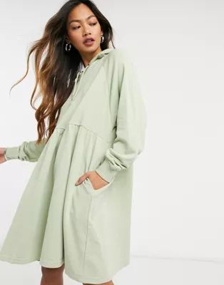 Monki Malin organic cotton hoodie mini dress in dusty green | ASOS (Global)