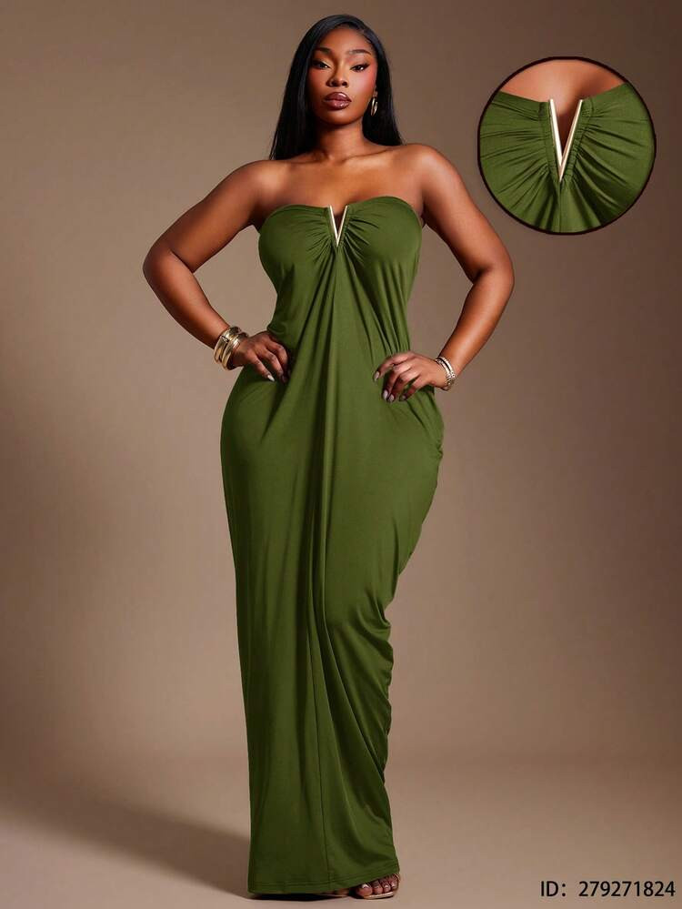 Radiana Plus Strapless Detail Metal Dress, Strapless Maxi Dress, Harlem Night Theme Dress, Olive Green Dresses Juneteenth Dresses Military Ball Dress | SHEIN