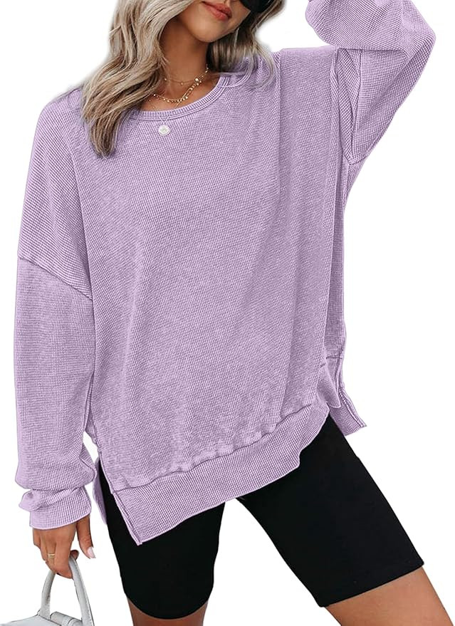 Dokotoo Womens Oversized Waffle Knit Crewneck Sweatshirts Long Sleeve Side Slits Casual Pullover ... | Amazon (US)