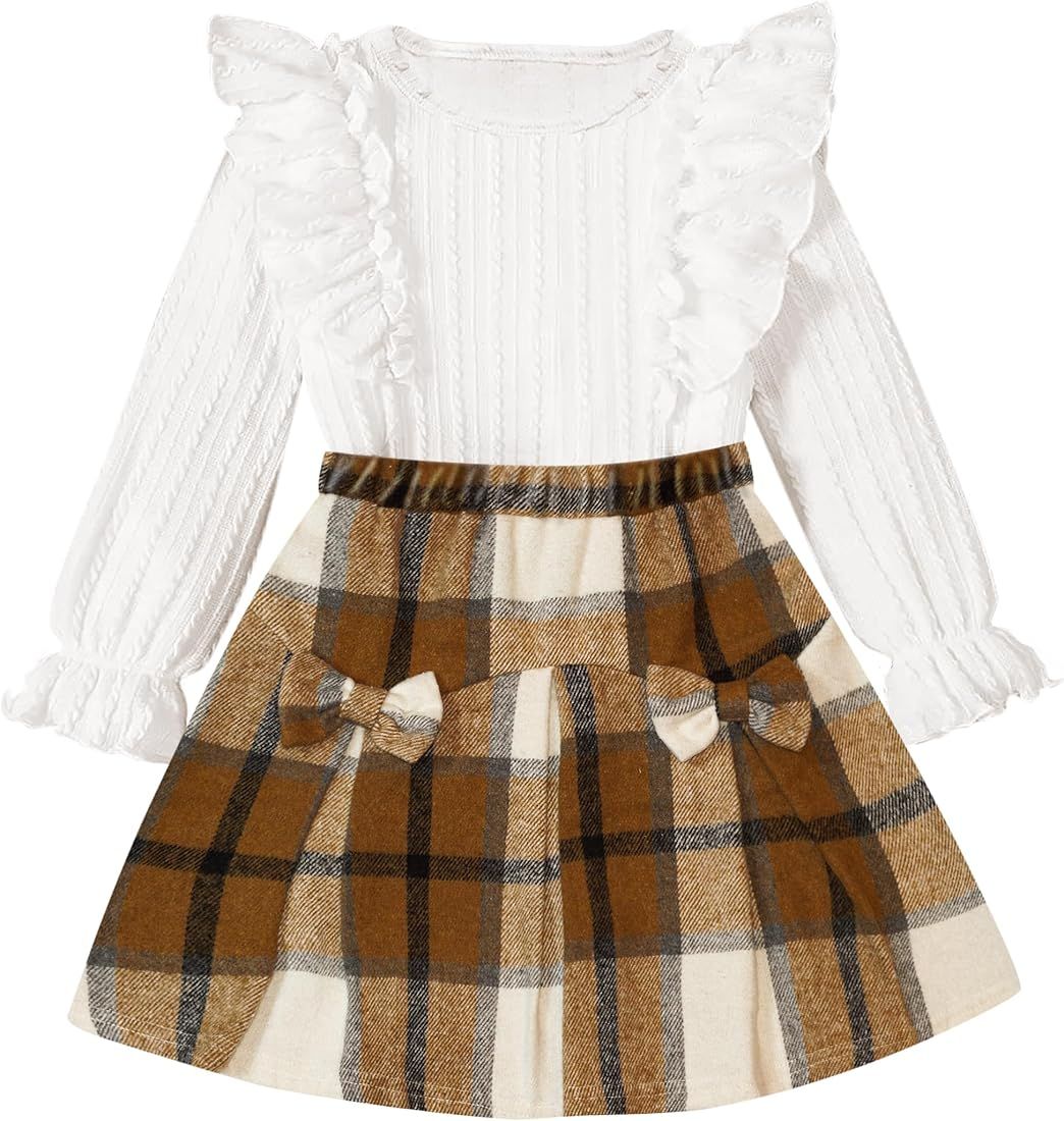 EuquixZeph Toddler Girl Clothes Fall Winter Outfits Little Girl 2Pcs Ruffle Long Sleeve Knit Swea... | Amazon (US)