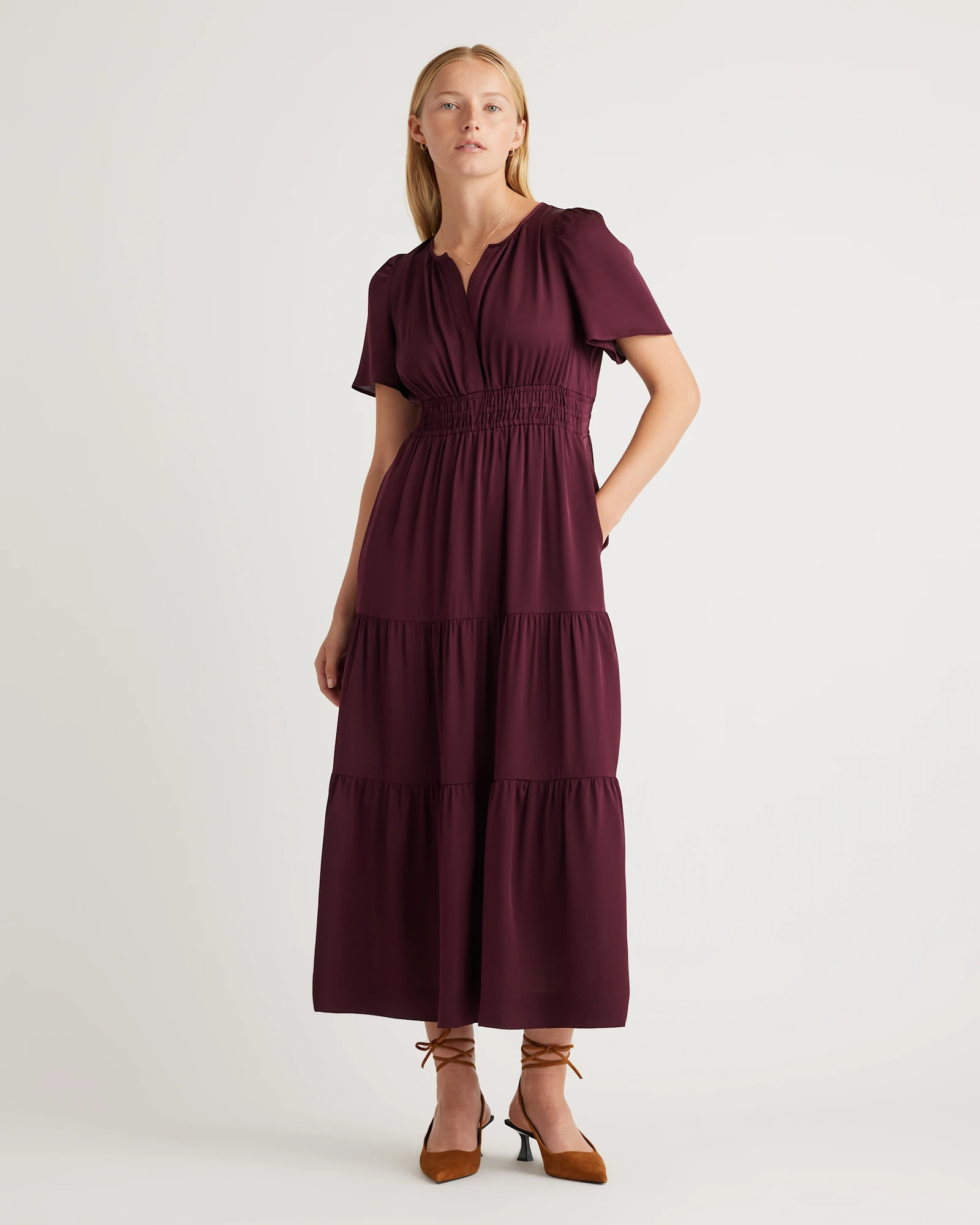 Quince | Women's Washable Stretch Silk Tiered Maxi Dress in Wine Tasting Red, Size Small | Quince