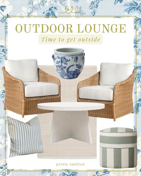 Outdoor furniture - outdoor lounge rattan wicker chairs - blue and white garden planter - green and white striped garden ottoman stool - outdoor rug - budget friendly outdoor coffee table 

#LTKSeasonal #LTKstyletip #LTKhome