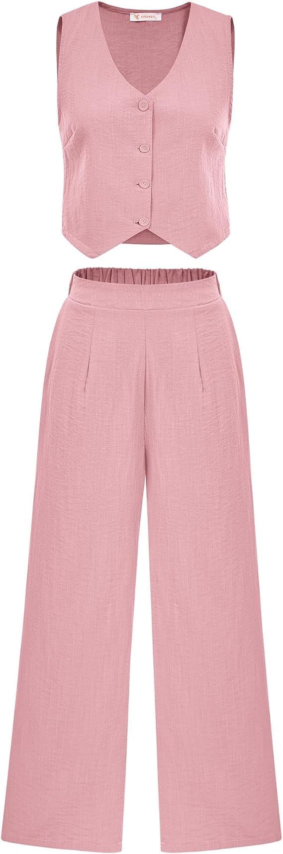 KIRUNDO Womens Two Piece Outfits Summer Fashion Button V Neck Crop Vest Blazer and Wide Leg Pants... | Amazon (US)