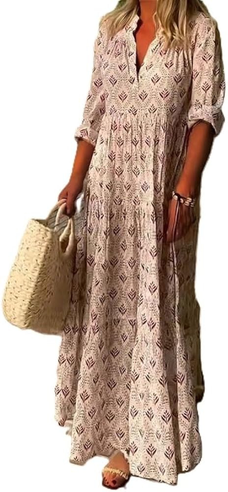 Women's Plus Size Boho Floral Print Long Sleeve Maxi Dress V Neck Tiered Maxi Dress Flowy Baggy L... | Amazon (US)