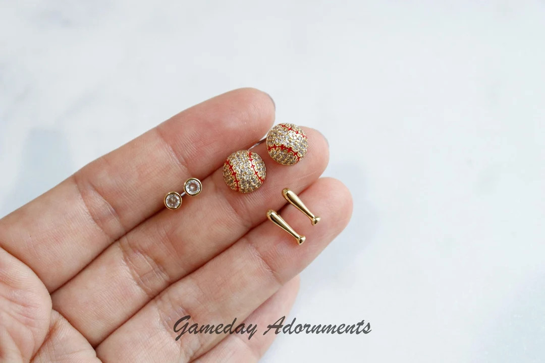Tiny Baseball 6 Piece Stud Earring Set, Gold Bat, Studded Ball, Bezel Cubic, Gold Plated, College... | Etsy (Global)
