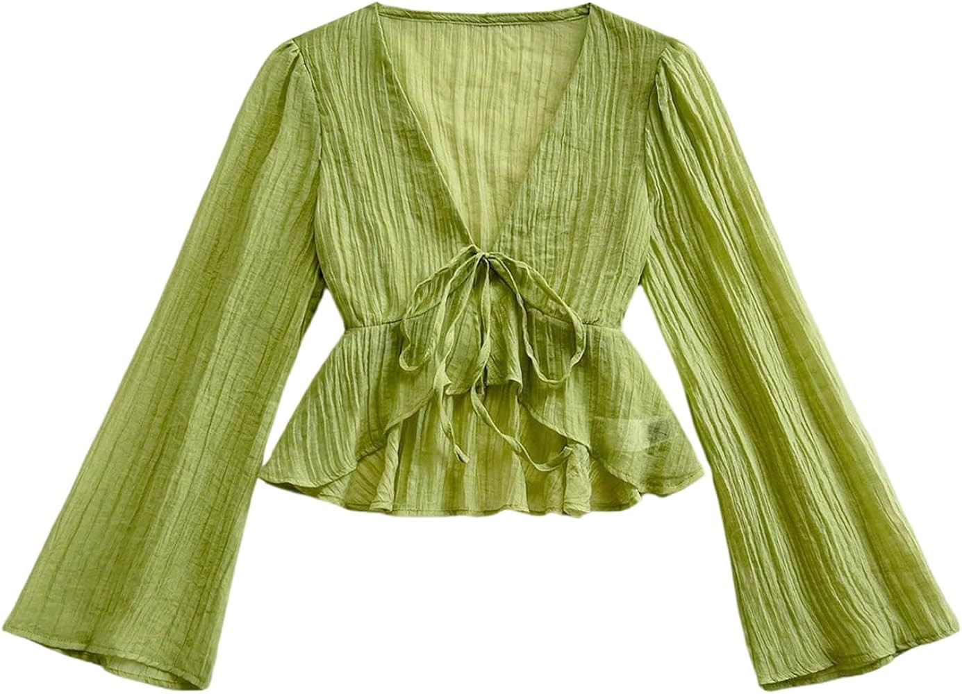 GORGLITTER Women's Tie Front Peplum Tops Blouse Dressy Casual Bow Long Sleeve Deep V Neck Shirts ... | Amazon (US)