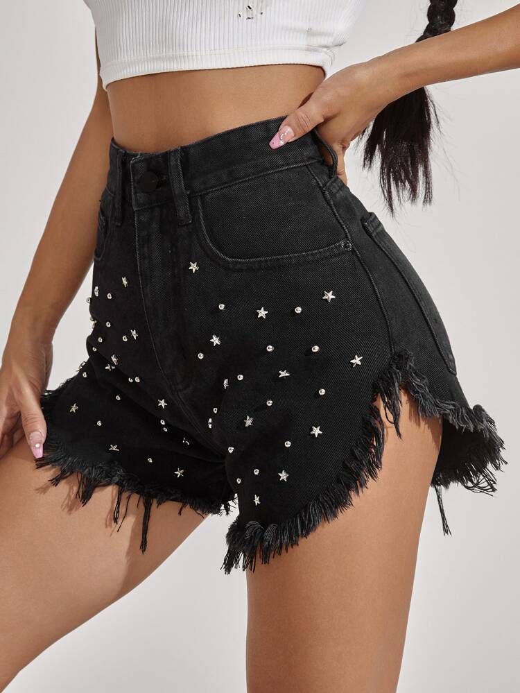 Beaded Fringe Hem Denim Shorts | SHEIN