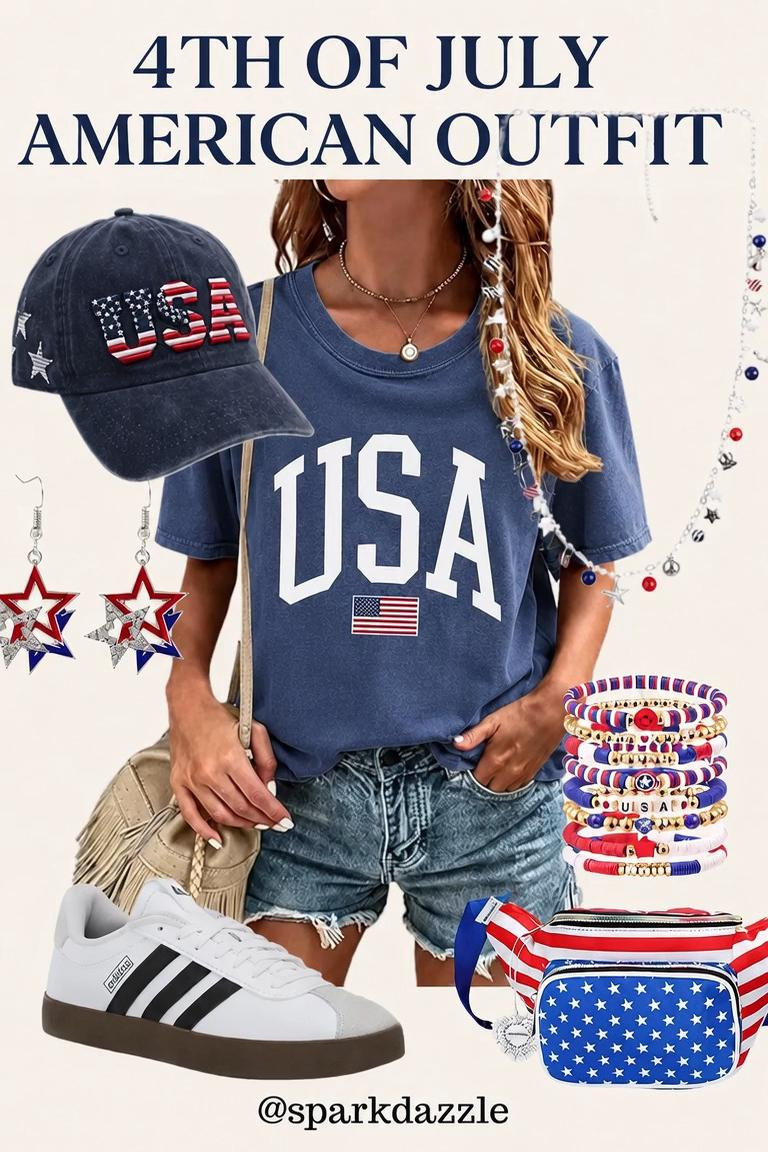 4th of July Outfit Ideas 🇺🇸 | Cute Patriotic Outfit for Women Looking for the perfect 4th of July outfit? This patriotic outfit features a trendy America graphic tee, distressed denim shorts, comfy sneakers, statement star earrings, and festive red, white, and blue accessories. Whether you're headed to a backyard BBQ, fireworks show, parade, lake day, or summer party, this casual Americana outfit is both stylish and comfortable. Save this patriotic fashion inspiration for Independence Day celebrations and summer holiday weekends. #4thOfJulyOutfit #PatrioticStyle #AmericanOutfit #FourthOfJulyFashion #SummerOutfitIdeas #BBQOutfit #PatrioticFashion #RedWhiteAndBlue #AmericaStyle #CasualSummerOutfit #IndependenceDay #USAFashion #HolidayOutfit #DenimShortsStyle #AmazonFashion