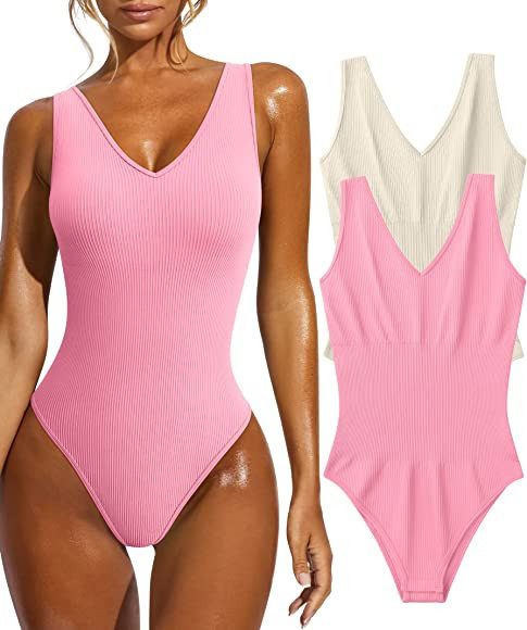 GXIN Women's 2 Piece Bodysuits Sexy ribbed V Neck Sleeveless Tank Tops Shapewear Bodysuits | Amazon (US)