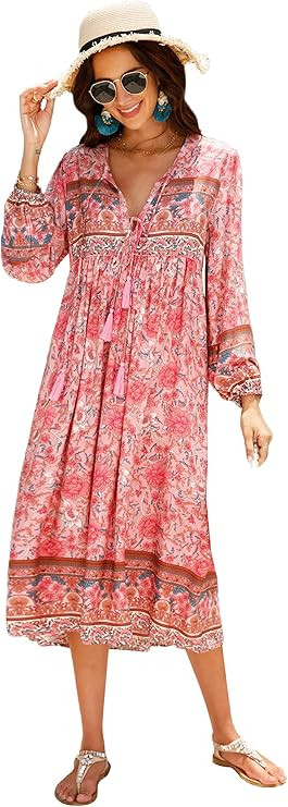 R.Vivimos Women's Long Sleeve Floral Print Retro V Neck Tassel Bohemian Midi Dresses | Amazon (US)