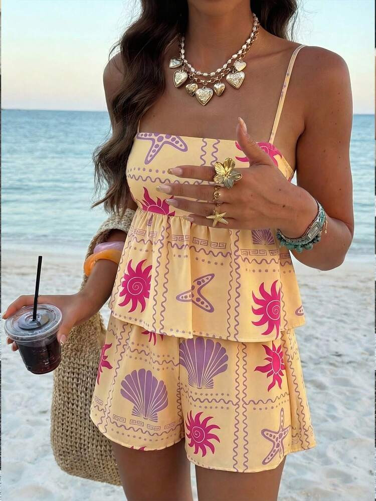 Women's Ruffled Floral Print Spaghetti Strap Tank Top And Shorts 2-Piece Set, Casual, Vacation, Elegant, Beach Outfit, Suitable For Valentine's Day, Beach, Outings Summer | SHEIN