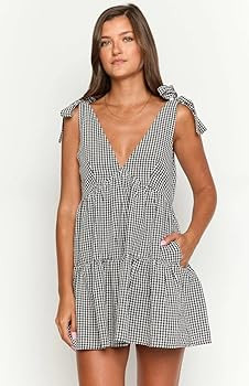 utcoco Women's 2025 Summer A Line Flowy Plaid Mini Dress Y2k Tie Shoulder Babydoll Dress Beach Va... | Amazon (US)