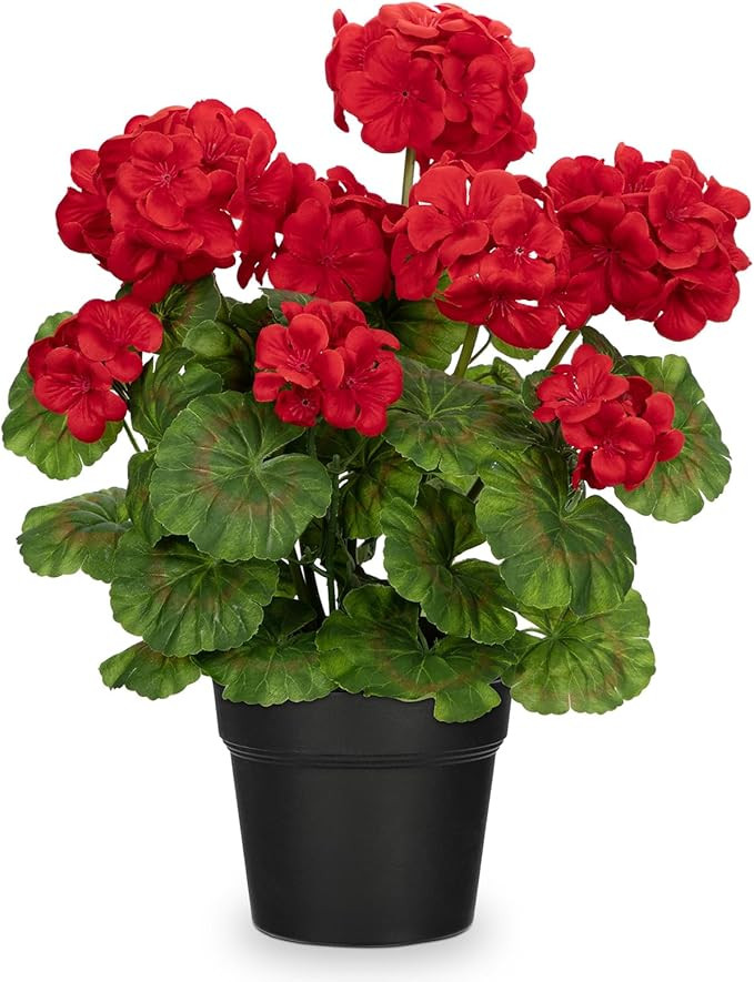 Briful Artificial Geranium Potted Plant – 16” Tall, Realistic Silk Flowers with Vibrant Green... | Amazon (US)
