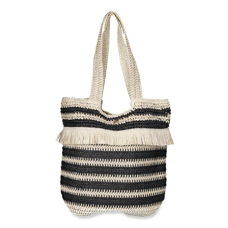 No Boundaries Women's Fringed Woven Straw Tote Bag, Natural/Black Stripe - Walmart.com | Walmart (US)