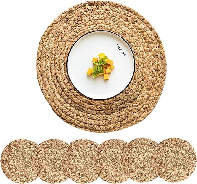 CY SISTERS Woven Placemats Round Placemats Set of 6 Rattan Placemats 13.5 Inch Natural Hyacinth W... | Amazon (US)