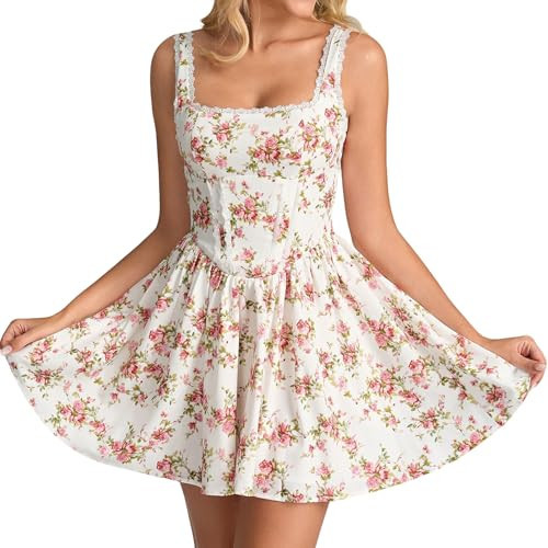 KUTUMAI Lace Floral Corset Mini Dress Bow Tie Somcked Flowy Short Graduation Dresses for Women Summer 2026 Rose XS | Amazon (US)