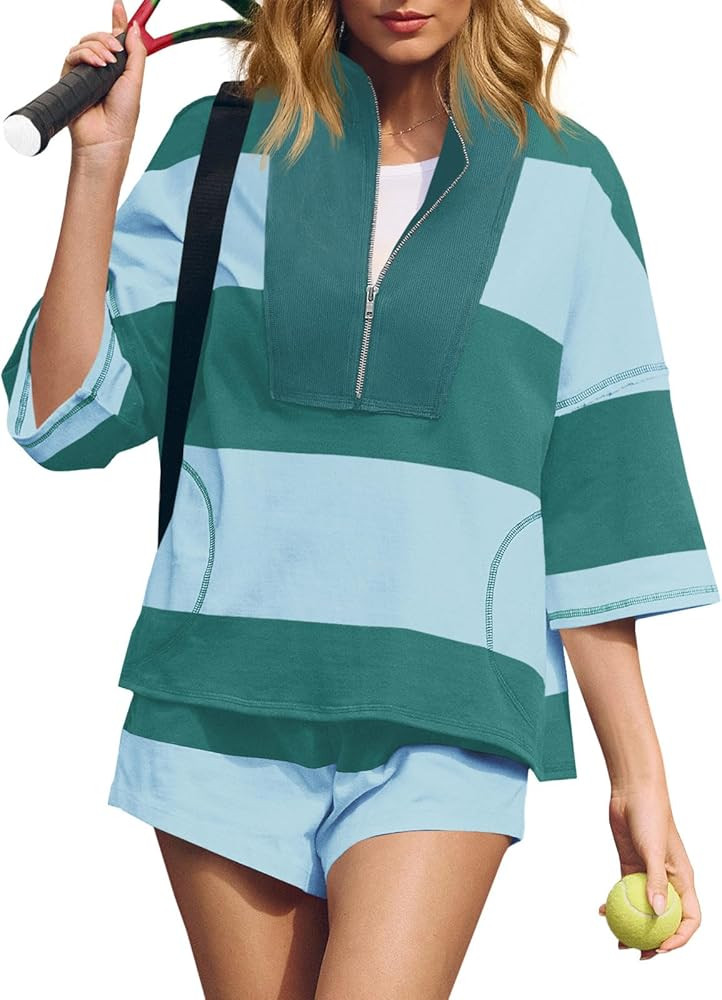 Fisoew Womens 2 Piece Outfits Summer Striped Sweatshirt Workout Shorts Sets Matching Lounge Set T... | Amazon (US)