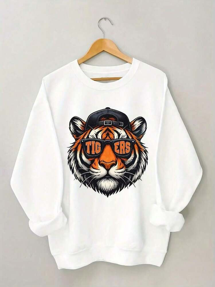 Casual Round-Neck SweatshirtWomen's Pink Tiger Graphic Sweatshirt With Tiger Face & TIGERS Lettering - Cozy Crew Neck Casual Pullover, Soft Pink Winter Warmth, Medium Stretch Fabric, Washable Fall & Winter Sweater Casual Attire & Game Day Outfits, Cool Tiger Print With Orange & Black Stripes, Relaxed Fit Layering-Vintage Cotton Tee Black White - Loose Fit American Music Festival Camping & Shows &Long Sleeve Crewneck Hoodie Cozy Weekend Crewneck Sweatshirttt | SHEIN