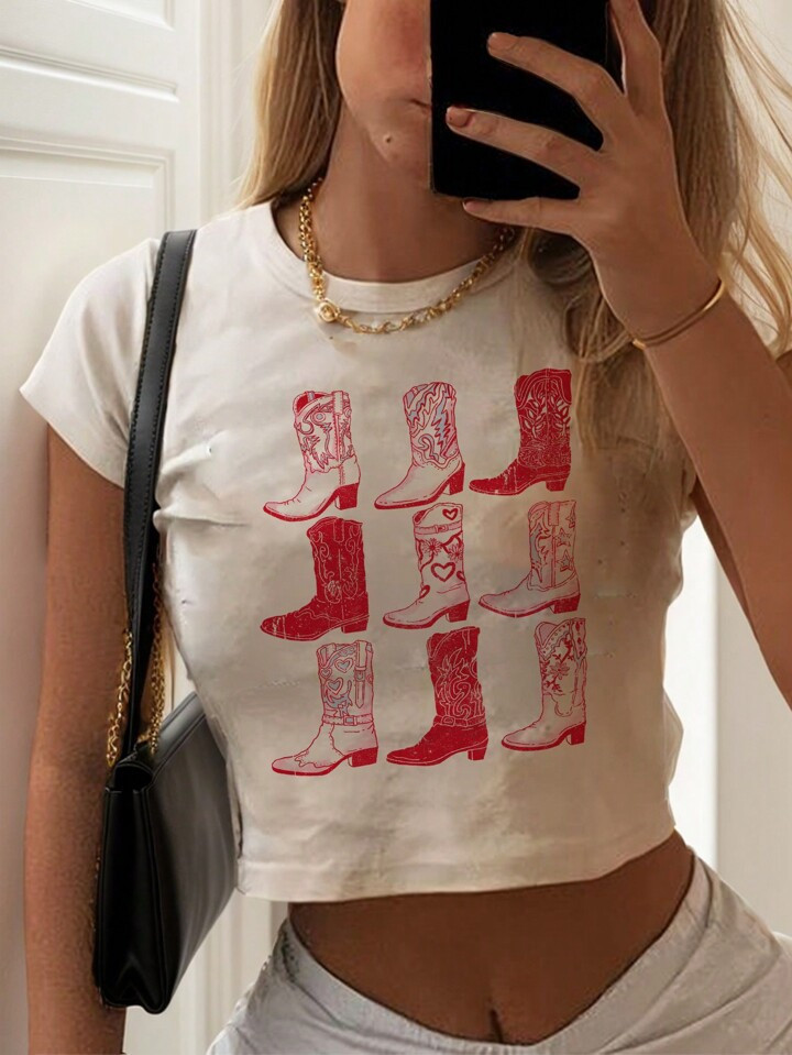 SHEIN EZwear Casual & Simple Red Boot Printed Round Neck Short Sleeve Tight T-Shirt For Women, Su... | SHEIN