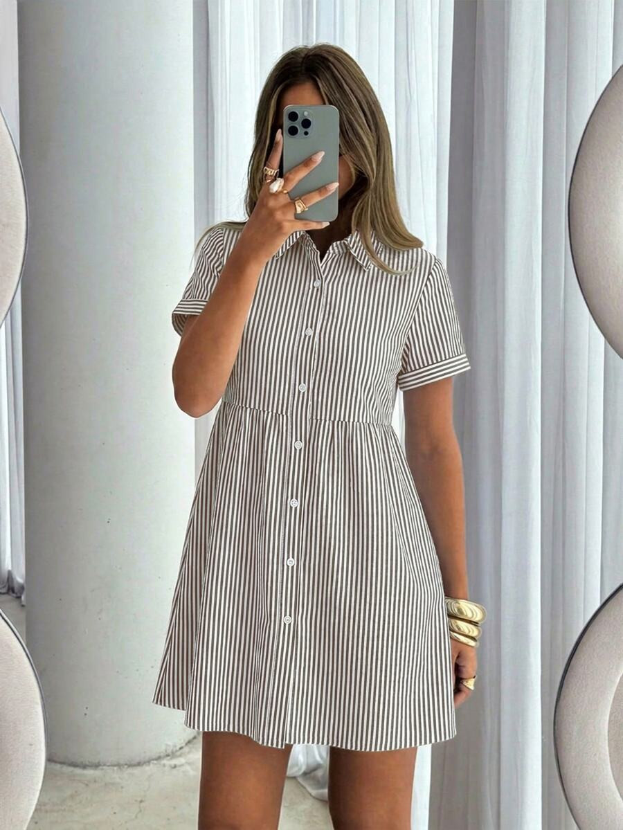 Siren Gaze Women's Summer Casual French White And Brown Front Button Short Dress City Break Picnic Brunch | SHEIN