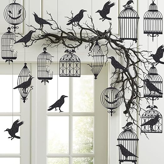 Glitter Black Crow Cage Decorations for Gothic Halloween Tree Hanging Decorations Raven Bird and ... | Amazon (US)