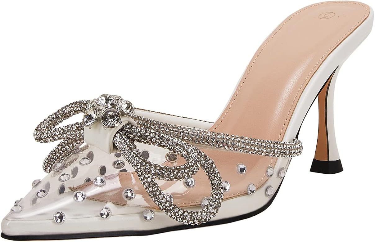 VETASTE Women's Pointed Toe Clear Heels Double Crystal Bow Mule Pumps Wedding Party Shoes | Amazon (US)