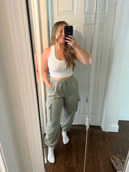 Abercrombie tank and cargo sweats on sale! Wearing a small in the tank and medium in the sweats. Work from home outfit. Comfy outfit. Spring outfit. Abercrombie sale. 

#LTKMidsize #LTKFindsUnder50 #LTKStyleTip