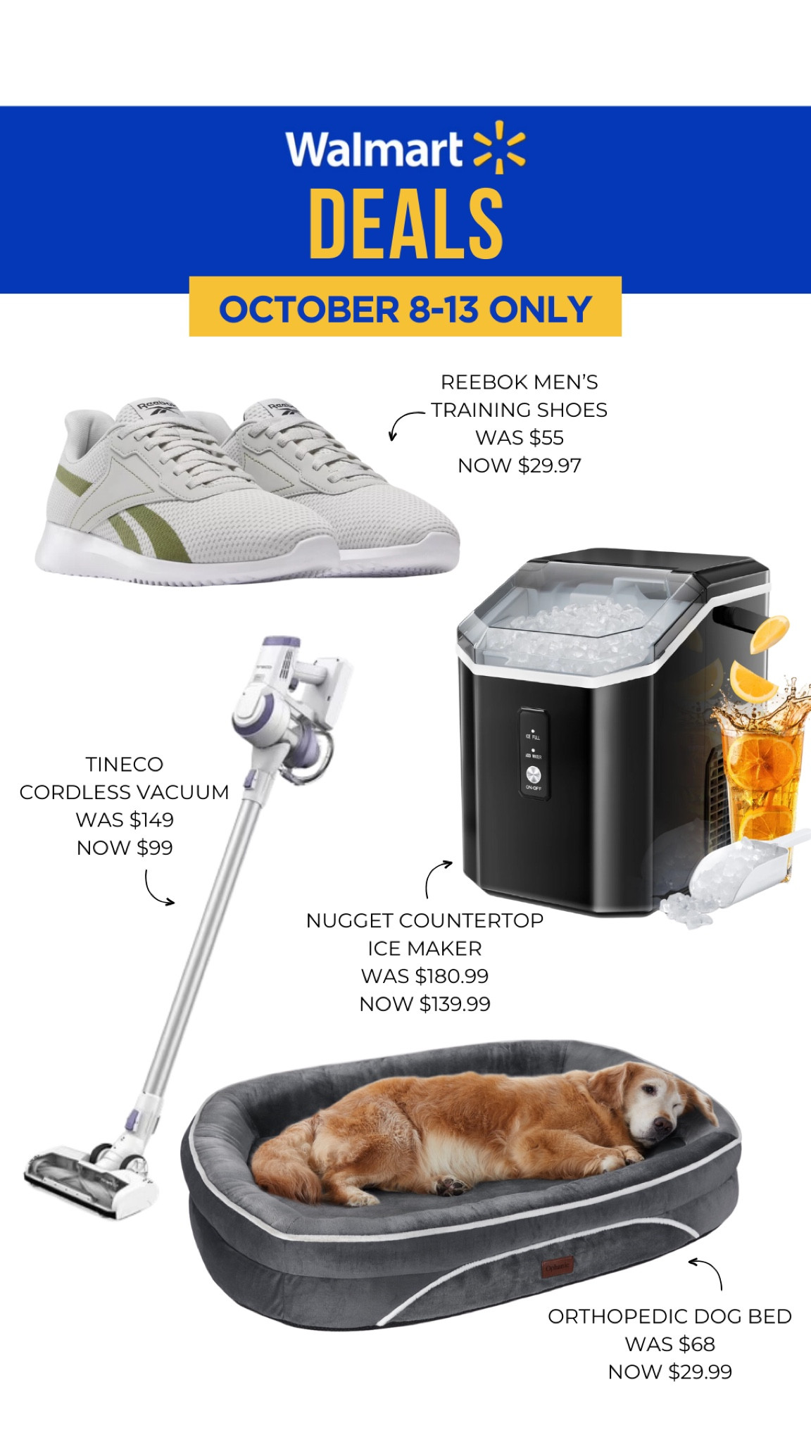 Walmart deals include men’s training shoes, a cordless vacuum, nugget countertop ice maker and an orthopedic dog beg.

Walmart sale, home electronics, Christmas gift ideass

#LTKFindsUnder50 #LTKFindsUnder100 #LTKSaleAlert