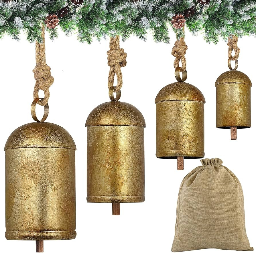 Fovths 4 Pieces Christmas Cow Bells Rustic Metal Hanging Bells Harmony Cow Bells with Rope Vintag... | Amazon (US)