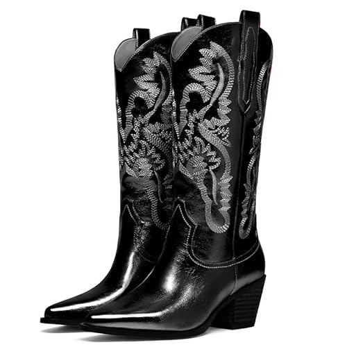 GOSERCE Black Cowboy Boots for Women Metaliic - Mid Calf Cowgirl Boots with Embroidery Sparkly Western Boots for Ladies Fahsion Classic Pull on Pointy Toe Chunky Stacked Heel 2.5" Black,15 | Amazon (US)