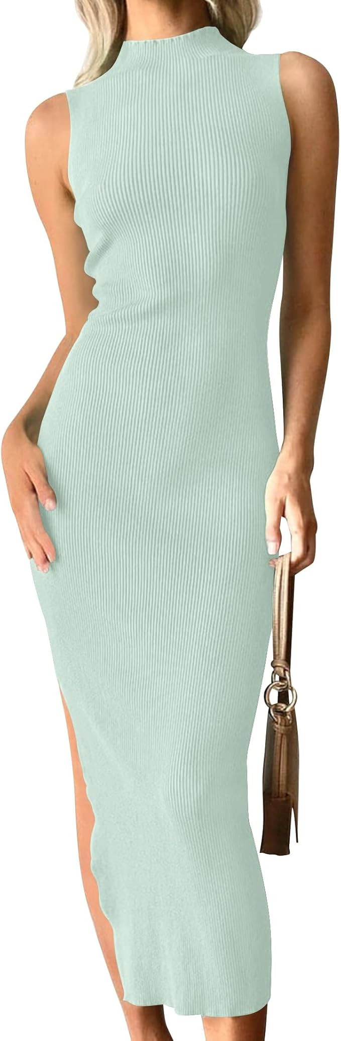 ZESICA Women's 2024 Summer Knitted Sweater Dress Sleeveless Mock Neck Ribbed Side Slit Bodycon Ta... | Amazon (US)