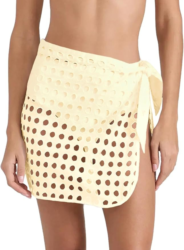 Saodimallsu Women's Crochet Cover Up Skirt 2025 Beach Mesh Slit Tie Waist Mini Wrap Skirts Pareo ... | Amazon (US)