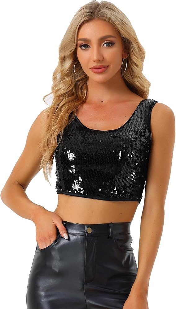 Allegra K Women's Metallic Sequin Crop Top Sparkle Glitter Sleeveless Party Club Tank Top | Amazon (US)