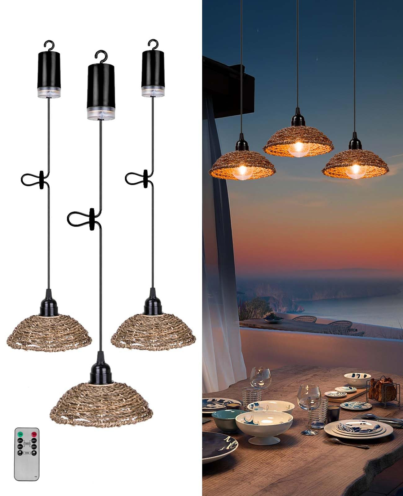 Battery Operated Chandelier with Remote, Boho Outdoor Pendant Lights with Natual Grass Lampshade,... | Amazon (US)