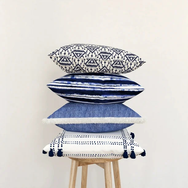 Coordinating Decorative Throw Pillow Covers, Square, 18" x 18", Blue, Set of 4, Chambray and Geom... | Walmart (US)