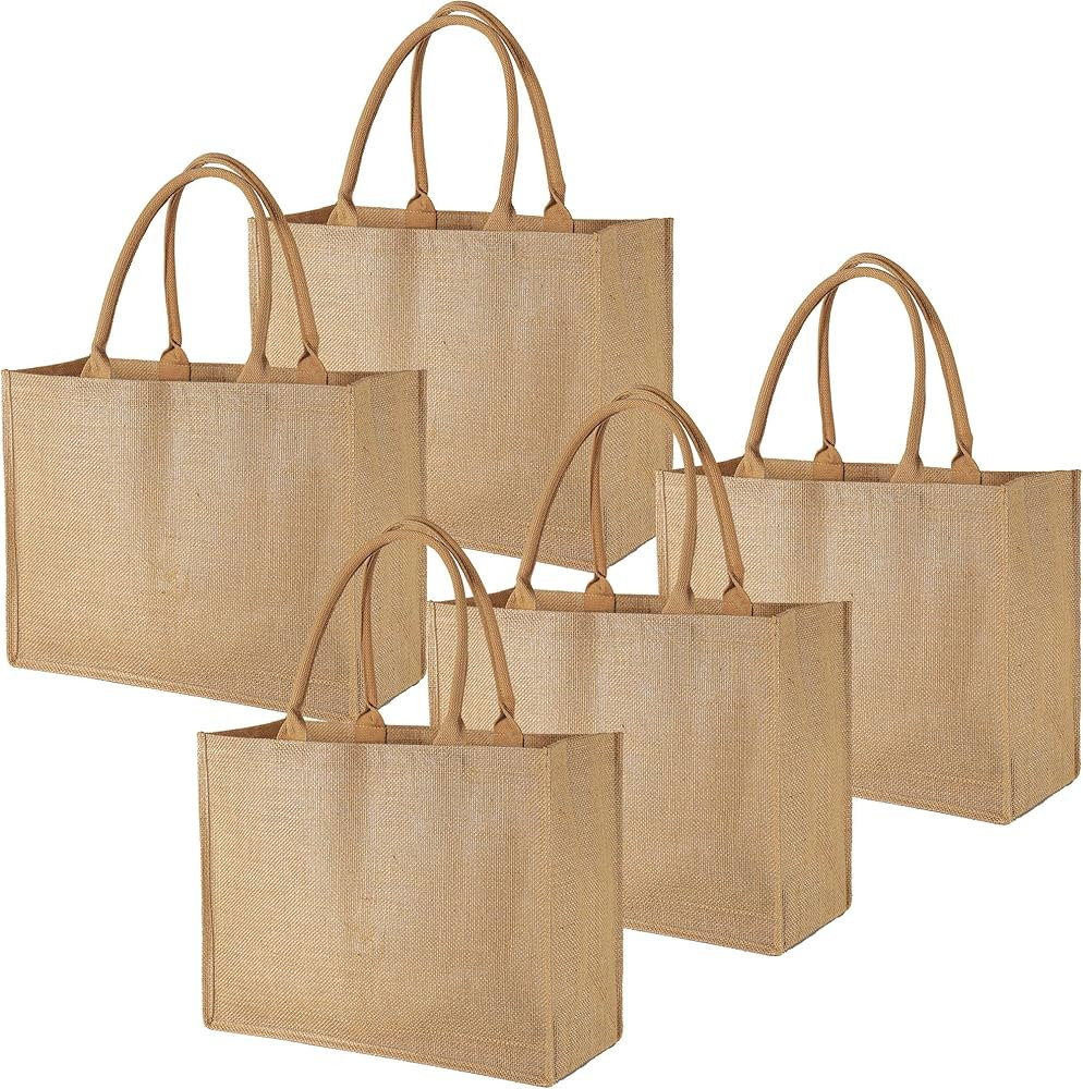 BeeGreen 5 Pack Burlap Tote Bag Laminated Interior W16.5“×H13”×D7.25“ X-Large Jute Tote B... | Amazon (US)