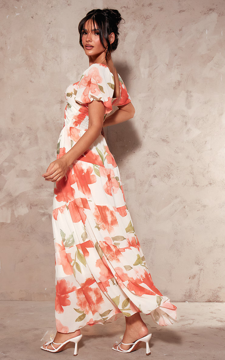 Red Floral Chiffon Bardot Maxi Dress | PrettyLittleThing UK