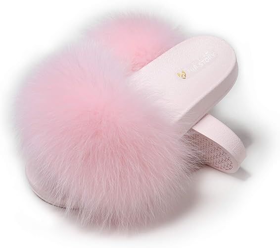 Fur Story Fur Slides Slippers Furry Fuzzy Slides Open Toe Fluffy Slides Fox Fur Feather Sandals F... | Amazon (US)