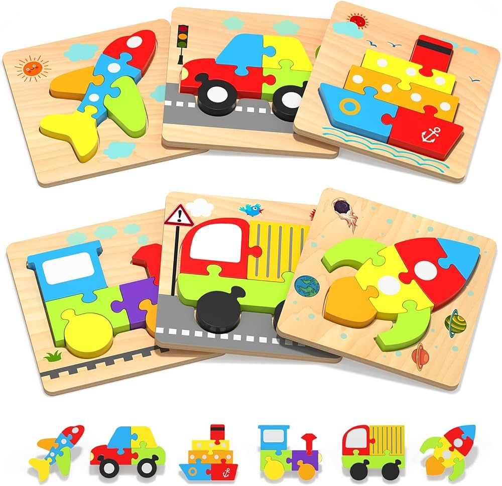 Yetonamr Wooden Toddler Puzzles Gifts Toys for 1 2 3 Years Old Boys Girls, 6 Vehicle Shape Jigsaw... | Amazon (US)