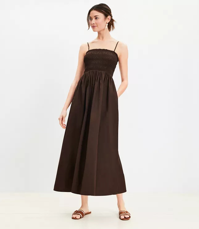 Poplin Shirred Strappy Pocket Maxi Dress | Loft | LOFT
