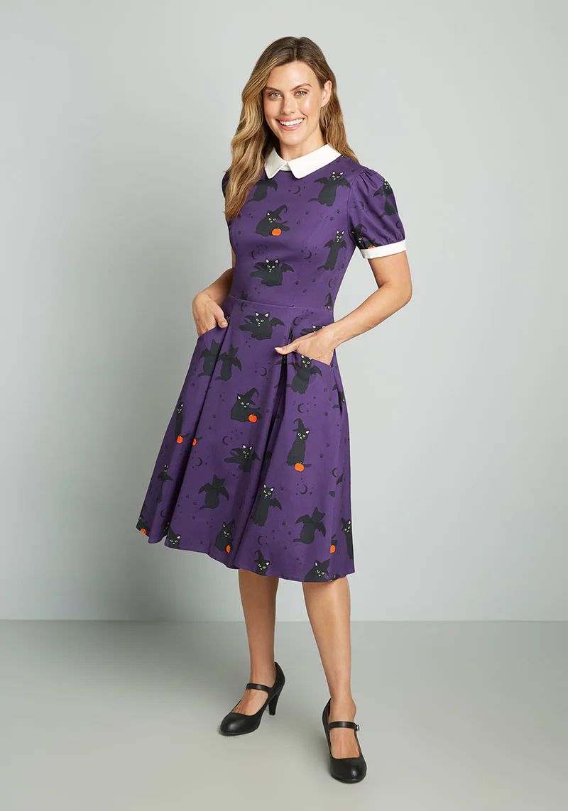 ModCloth x Collectif Black Cat Celebration Swing Dress | ModCloth