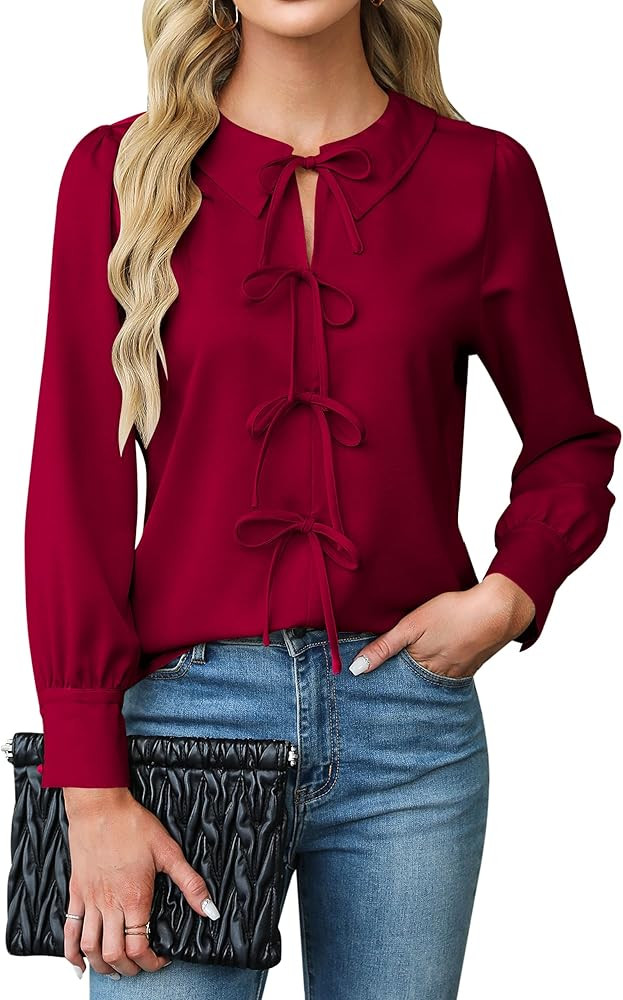 Blooming Jelly Women's Dressy Casual Blouses Business Work Tops Tie Front Long Sleeve Shirts 2024... | Amazon (US)