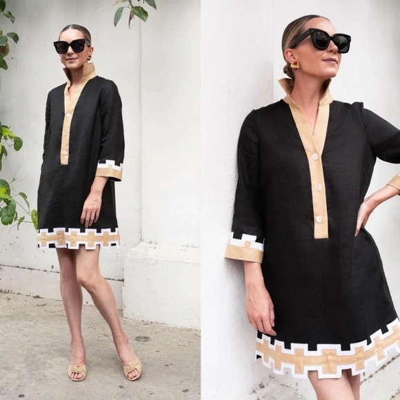 TUCKERNUCK X ATLANTIC PACIFIC Collier Black and Tan Linen Shirt Dress Sz. Small | Poshmark