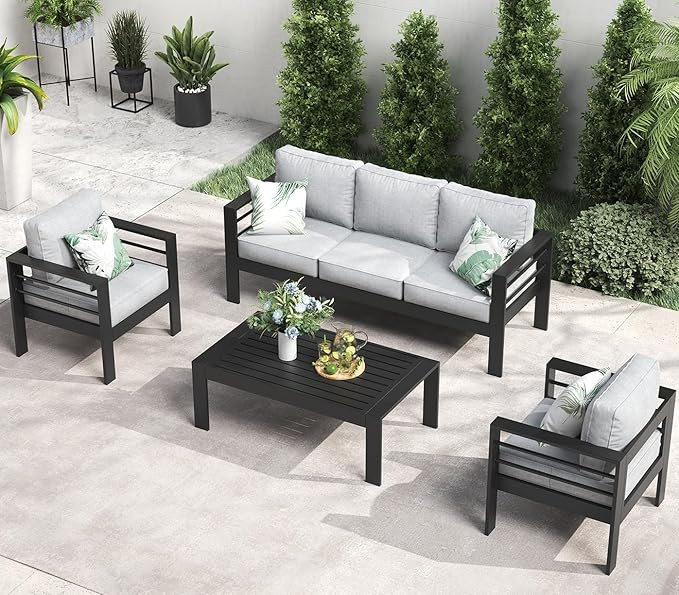 LayinSun Outdoor Aluminum Furniture Set, 4 Pieces Patio Sectional Conversation Chat Sofa Modern S... | Amazon (US)