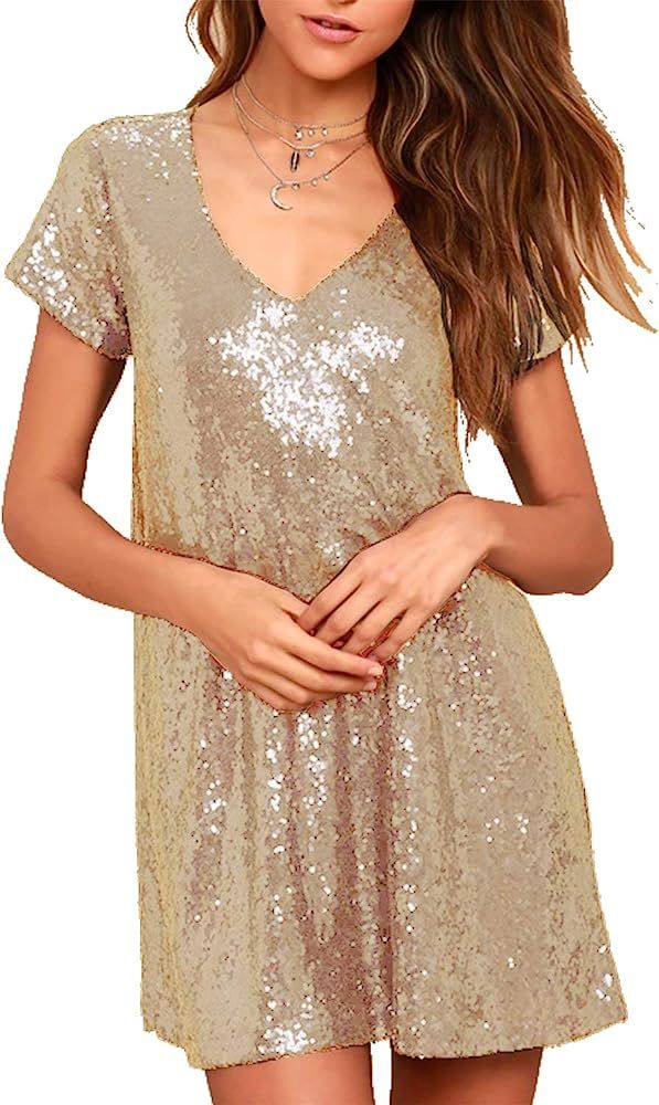 Women Sparkly Sequin Mini Dresses Short Sleeves Sexy V Neck Glitter Party Clubwear Cocktail Dress | Amazon (US)