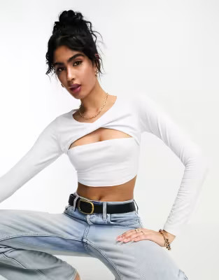 ASOS DESIGN twist detail long sleeve crop top in white | ASOS (Global)