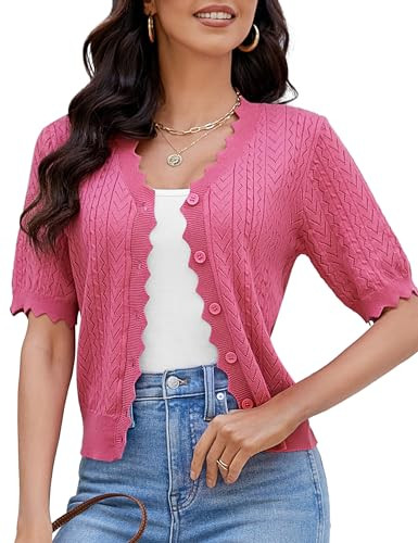 Button Down Cropped Cardigans for Women Short Sleeve Knitted Shrug V Neck Bolero Sweater Tops (Hot Pink Large) | Amazon (US)