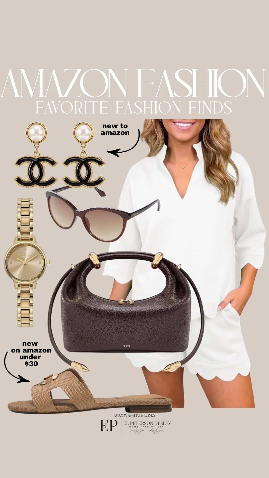 Amazon
2 pc short set
Sunglasses
Earrings 
Watch 
Purse