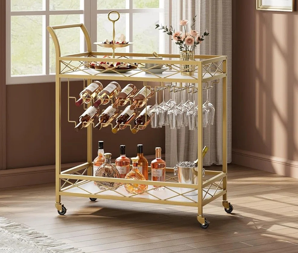 Bar Cart Gold, 2 Tier Bar Carts, With Wheels | Wayfair North America